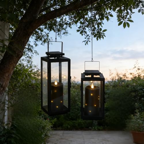 Image of Lezonic Black Flameless Waterproof Outdoor Candles with Remote, 4Pcs Battery Operated Candles LED Flickering Dancing Flame, Built-in String Lights for Halloween Patio Room Decor, 3.25 inch x 6 inch