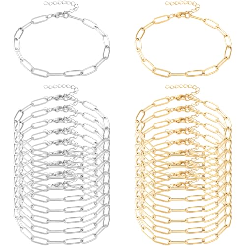Exway 20 Pcs Paperclip Charm Bracelets Chain 6.5 Inch Stainless Steel Gold and Sliver Chain Bracelets Kit with Lobster Clasps for Crafts DIY Women Jewelry Making