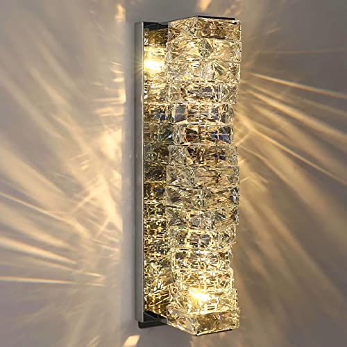 Aplique de pared de cristal con atenuación tricolor de 18 W, aplique de pared para interiores E14 para baño con pantalla de cristal K9, accesorios de iluminación para tocador, luces de baño doradas s