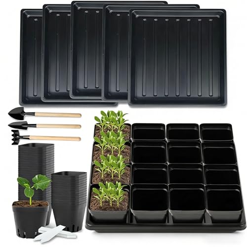 IGKYIVO 80Pcs Anzuchttöpfe mit Untersetzer Blumentopf mit Pflanzschalen mit Tablett Shuttle-Trageschalen mit Kunststoffetiketten und Umpflanzen Digging Tools