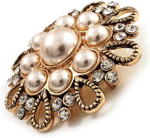 Vintage Wedding Imitation Pearl Crystal Brooch (Burn Gold Tone), white / ivory, gold - Image 5