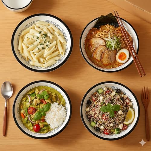 Image of Ceramic Dinner Plates Set of 4, 20.5 cm Black & White Floral Printed Plates, 4 cm Deep, Premium Tableware for Dining, Snacks, Desserts & Everyday Use (Black & White Floral, Pack of 4)