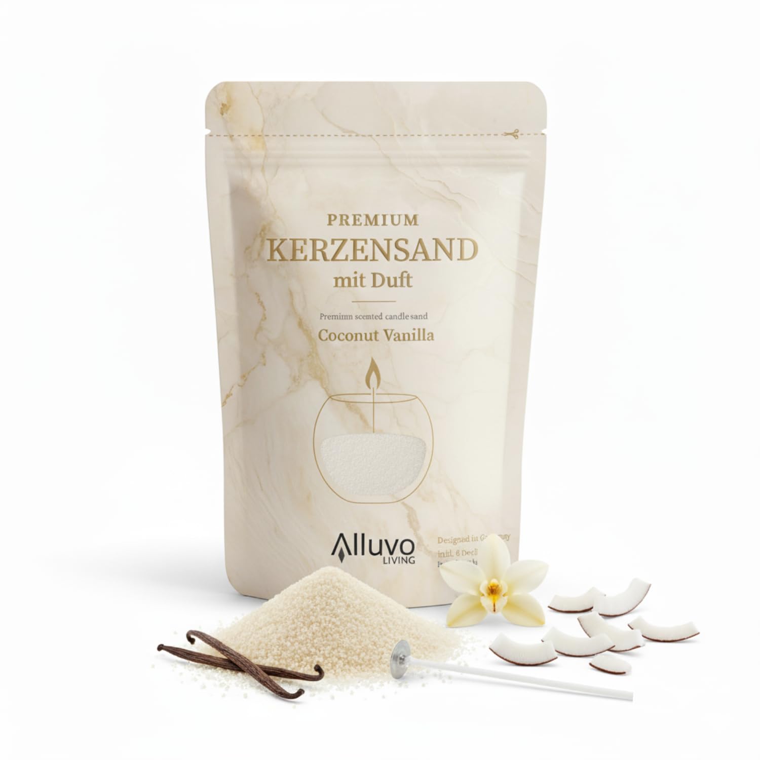 Premium Kerzensand Vanille Kokosnuss 450 g, Duftkerzen-Sand beige inkl. 8 Dochte, pflanzenbasiertes, rußarmes Vanilla Coconut Duft Wachsgranulat, speziell geprüfte Qualität für saubere Raumluft