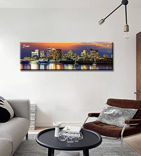 Image of DJSYLIFE Boston Skyline Wall Art Canvas Prints Colorful USA City Night Pictures Modern Panoramic Cityscape Posters Paintings for Bedroom Office Decor, Ready to Hang 13.8 inchx45.3 inch