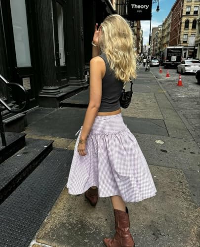 Women Y2K Plaid Midi Skirt Adjustable Tie Up Waist A-Line Gingham Ruffle Skirt Fashion Aesthetic3