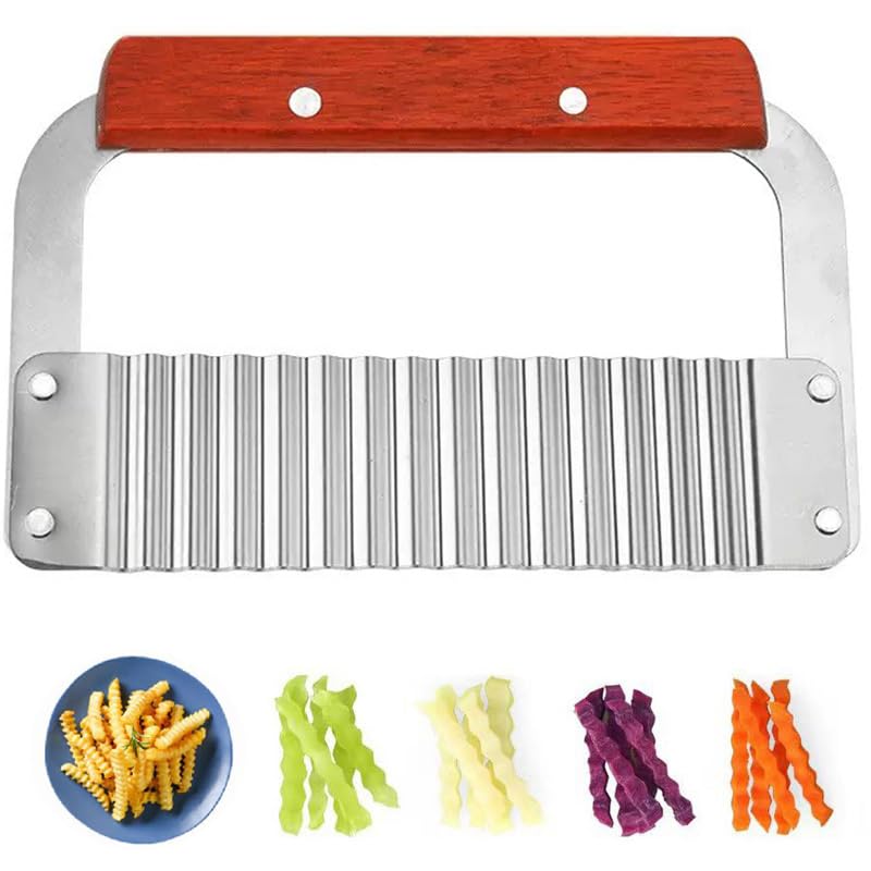 Heavy Duty Stainless Steel Large Crinkle Cutter Wavy Chopper French Fry Slicer for Potatoes Carrot Chips and Fruits, Vegetable, Potatoes, Onions (Wood-Style II, 1 PCS)