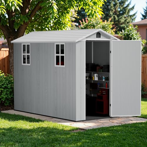 Image of Greesum 4x8FT Plastic Outdoor Storage Shed with Floor, Light Gray