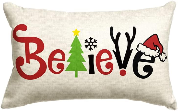 AVOIN colorlife Christmas Believe Throw Pillow Cover, 12 x 20 Inch Winter Holiday Party Cushion Case Decoration for Sofa Couch