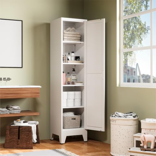 Image of COFaR 67 inch Tall Metal Pantry Cabinet, White Storage Cabinet with Magnetic Door & 4 Adjustable Shelves, Slim Freestanding Cupboard for Kitchen, Bathroom, Living Room