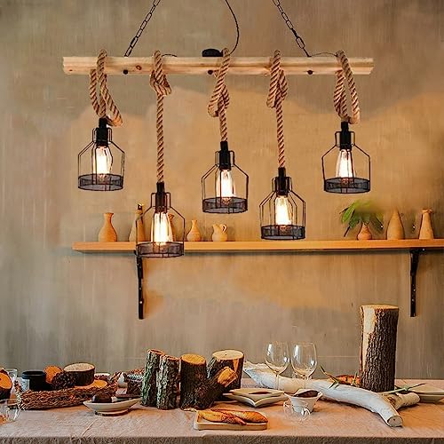 Suspension Luminaire Vintage E27 Lustre Table pour Salle à Manger Bois Lampe Suspendue réglable en Hauteur Corde en Chanvre Eclairage réglable Industrielle...