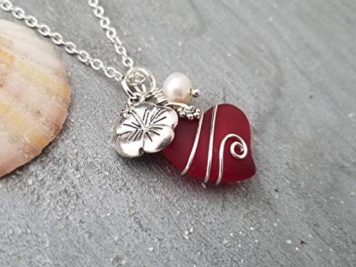Hawaii Jewelry, Ruby Red Heart Sea Glass with designer wire wrap, HIbiscus and Freshwater pearl charms,"July Birthstone", (Hawaii Gift Wrapped, Customizable Gift Message)