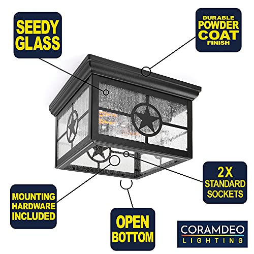 Coramdeo Country Star Square 2 Light Ceiling Mount Farmhouse Fixture, Indoor Or Outdoor, Two Standard Sockets, Open Bottom, Damp Location, Black Powder Coat Finish With Seedy Glass #TOP2