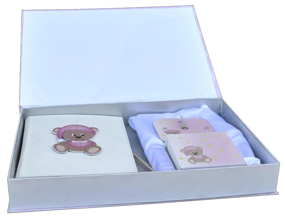 oggettando Willkommen in der Welt: Geschenkset mit Bär mit Tagebuch, Tischuhr und Duftstäbchen für Neugeborene (Rosa)