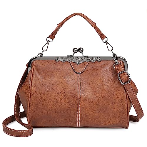 Women Kiss Lock Vintage Handbags for Women Oil Leather Evening Clutch Satchel Purse Tote, B-Brown