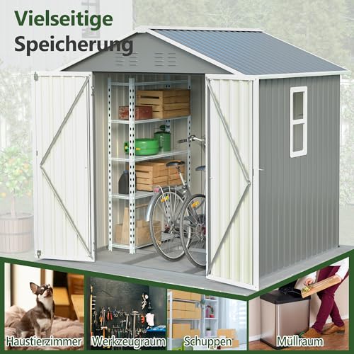 Thanaddo Metall Gerätehaus Gartenhaus 185x182x191cm, Geräteschuppen mit Fenster & Satteldach, wetterfest Gartenschuppen Inkl. Metallfundament (ohne Boden) für Outdoor Garten Terrasse, Grau