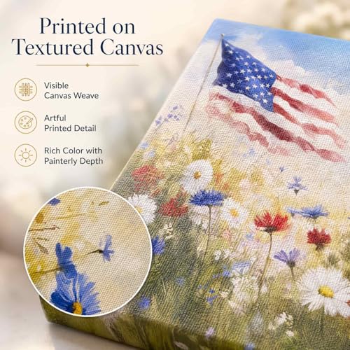 Image of Patriotic Wall Art Decorations, 4th of July American Flag Vintage Canvas Print Picture Framed, for Rustic Americana Home Living Room Decor