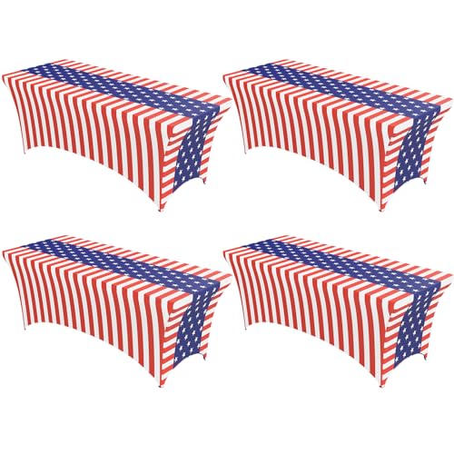 Niuara 4 Pack American Flag Spandex Tablecloths – 72'x30'x30' Stretch Fitted Table Covers for 6ft Tables, Patriotic Tablecloth for 4th of July Decorations, Independence Day & Memorial Day