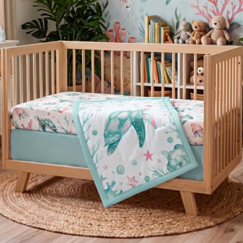 Image of Hahafelt 3 Pcs Teal Pink Aquatic Baby Crib Bedding Set for Baby Boy