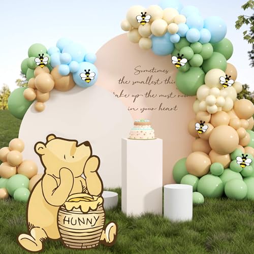 Classic Winnie Bear Baby Shower Birthday Decorations Cutout Large Neutral Pooh Bear Coroplast Cutout Prop with Stand Balloons Bee Stickers for Winnie Gender Reveal First Birthday Photo Props