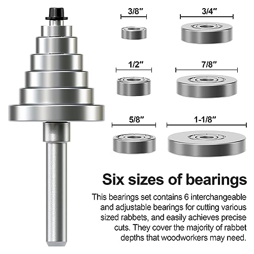 Image of Rabbet Router Bit Set 1 /2 Shank, Rabbeting Router Bits 1pcs with 6 Bearings for Interchangeable and Adjustable Multi Depths Cutter 1 /8 inch, 1 /4 inch, 5 /16 inch, 3 /8 inch, 7 /16 inch, 1 /2 inch