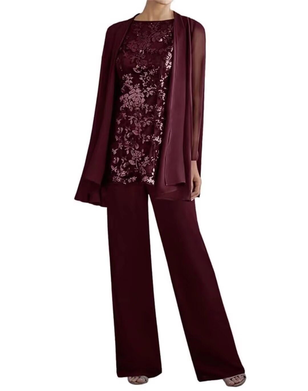 3 Piece Mother of The Bride Pant Suits - Chiffon Lace Long Sleeve Women Dressy Wedding Guest Formal