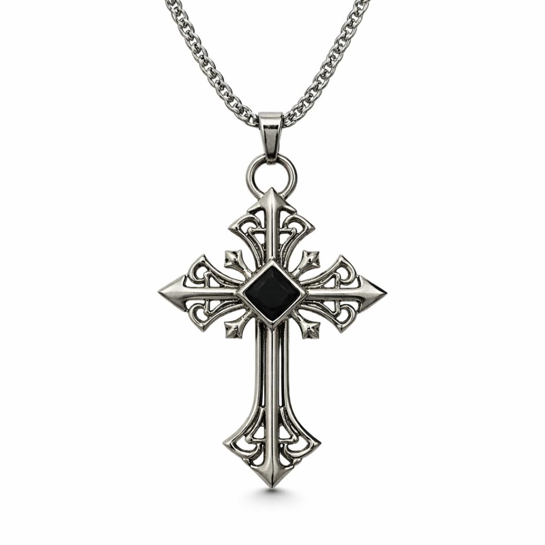 Black Diamond Cross Pendant Necklace for Men & Women | Stainless Steel Chain Necklace 22 Inch | Stone Studded Cross Design | Premium Stylish Fashion Jewellery for Casual & Party-image-21