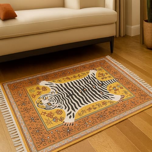 Image of LUXE HOME INTERNATIONAL Polyester White Tiger Design Carpets with Tassel Latex Backing Carpet for Hall, Living Room, Floor Rug, Bedroom Area Rug (3x5ft Multi)