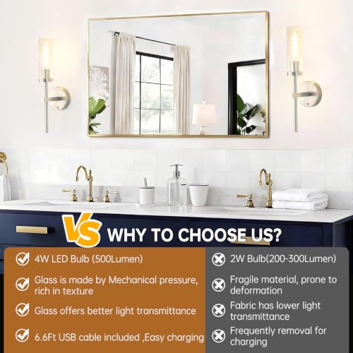 Image of Shenmoyl Battery Operated Wall Sconces Set of 2, Nickel Rechargeable Wall Lighting Fixtures, Dimmable Wall Lights with Remote & Clear Glass Shade for Living Room, Bathroom,Bedroom