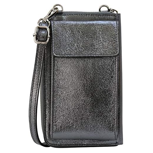 SH Leder Sarah Damväska axelväska handväska multifunktionsväska av äkta läder, justerbar axelrem mobiltelefon upp till 6,5 tum 11,50 x 19 cm, antracit metallisk, Small