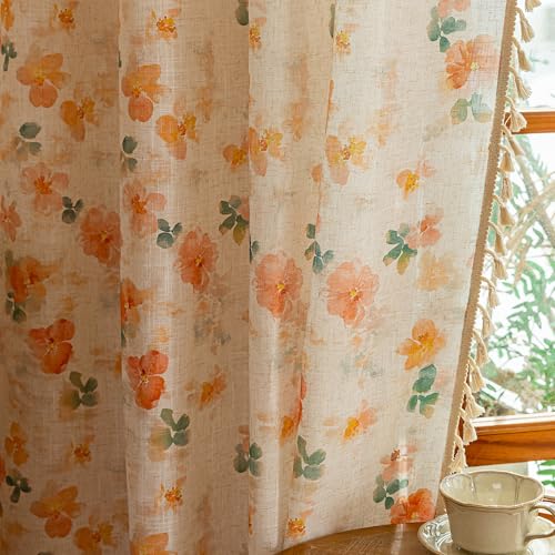 Image of MYSKY HOME Floral Boho Linen Curtains 96 inch Long 2 Panels Set Farmhouse Vintage French Orange Printed Semi Sheer Light Filtering Window Drapes with Tassels Back Tab for Living /Dining Room, 50 inch Wide
