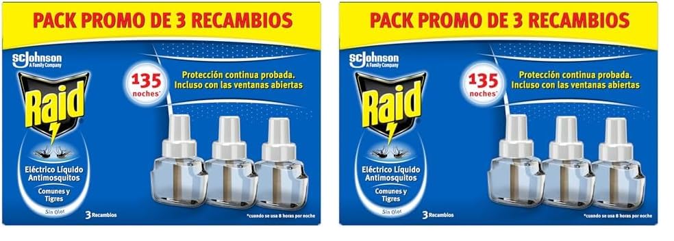 Raid ® Eléctrico Líquido 135 Noches - Recambios Anti Mosquitos comunes y Tigre - 3 recambios de 45 Noches Sin Color (Paquete de 2)
