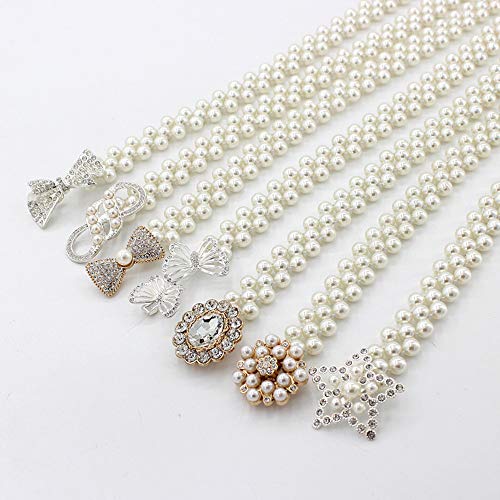 Women Elastic Stretch Belt for Dresses Pearl Rhinestone Metal Buckle Skinny Waist Belt Waistband 2cm Wide4