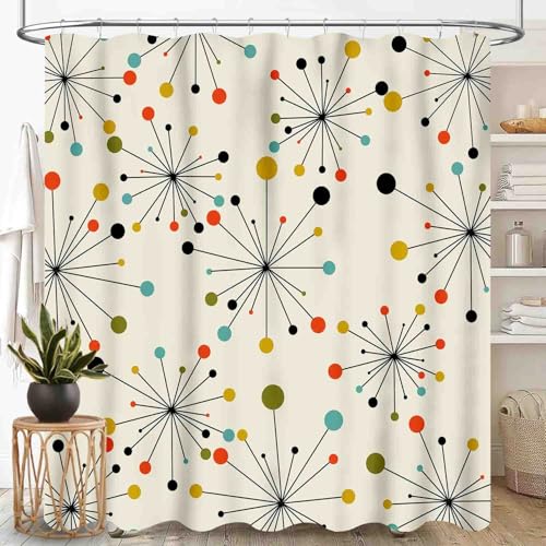 TKUYO Mid Century Modern Shower Curtain Geometric Atomic Abstract Iconic Pattern 1950s 1960s Retro Style Art Pastel Waterproof Fabric Bathroom Shower Curtain Set with Hooks 72x72 Inch