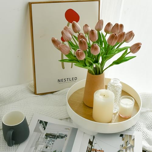 Image of ONLY ART Artificial Brown Tulips 20 Pcs - 13.5 Inch PU Faux Flowers with Bendable Stems for Home Decor, Wedding Centerpieces, DIY Floral Arrangements, New Year and Valentine's Day