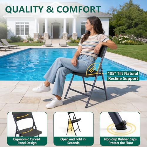MAKE CHANGES Black Folding Chairs 4 Pack, Outdoor Portable Plastic Foldable Chairs with Metal Frame, 500lbs Capacity Heavy Duty Folding Chairs for Patio, Picnic, Kitchen, Dining, Party - Image 5