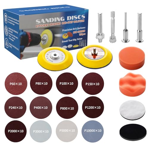 3 - Inch Sanding Discs Pad Variety Kit for Drill Grinder & Rotary Tools, Precision Polishing Set with Cylindrical Hex Shaft and Screw - Ideal for Car Polishing, Glass Finishing & Scum Removal