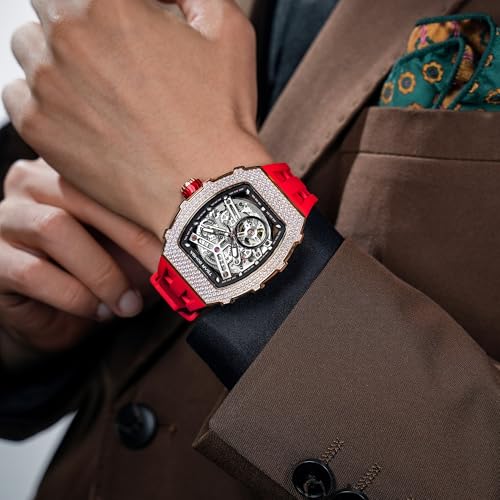 Image of TSAR BOMBA Men's Automatic Watch Tonneau Luxury Skeleton Watches for Men Mechanical 50M Waterproof Analogue Watches Mens Unique Cool Square Big Face Dial Wristwatch with Silicone Strap Band