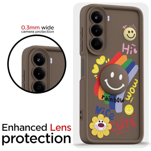 Image of Pikkme Back Cover for OnePlus Nord CE 6 Lite 5G | Soft Silicone| Cute Rainbow Smile & 3D Cartoon Flower Design | Shockproof Raised Camera Protection Bumper Case (Brown)