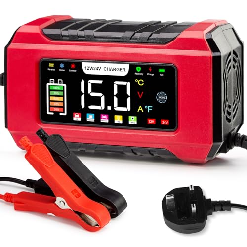 15-Amp Car Battery Charger 12V/24V Aptliton Intelligent Car Battery Charger with 9-Stage Charging LCD Display For Car Truck Motorbike Boat - Compatible with Lead-Acid AGM EFB LiFePO4 Batteries