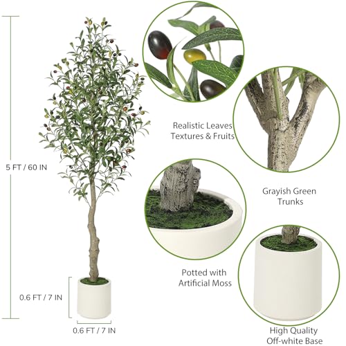 Artificial Olive Tree 5FT Tall Faux Olive Tree Indoor Fake Silk Plant with Realistic Trunk, Leaves, Fruits and White Planter, Faux Potted Tree for Home Decor and Housewarming Gift, 2 Pack