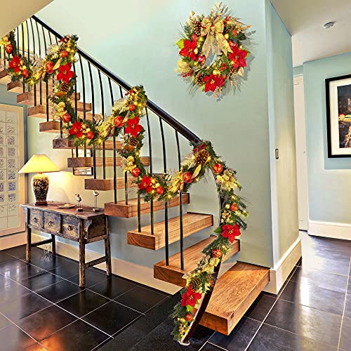 24" Prelit Christmas Wreath with Lights, Battery Operated Xmas Garland with Decorations, Wreath for Front Door Porch Wall Window Fireplace Outdoor Home Holiday Accent