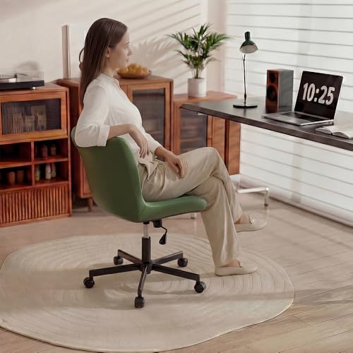 Image of Armless Desk Chair, Morden Home Office Chair no Arms, Adjustable Height & Rocking Computer Chair, PU Leather Vanity Chair, Ergonomic Seat Soft Padded Desk Chairs for Home Small Space, Green