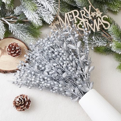 CristBest 24-Pack Christmas Tree Picks Ornaments, Artificial Glitter Berry Stem Glittery Twigs Ornaments for Christmas Tree Decorations, Small Vase, Holiday, Wedding, Party Decorations (Silver) - image 3