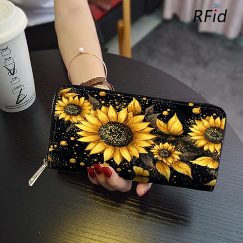 Image of RFID Blocking Leather Wallet for Women - Large Capacity Zip Around Clutch with 8 Card Slots,29 Cash Pockets & Coin Zipper,Sunflower