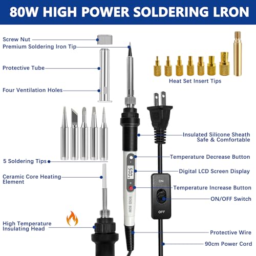 Image of 80W Soldering Iron Heat Set Insert Tool, LCD Digital Soldering Iron Kit | Adjustable Temperature Soldering Tool with Iron Tips and Heat Set Insert Tips, 16-in-1 Solder Kit, White