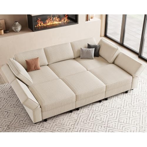 Belffin 88.6" Modular Sectional Sofa with Deep Storage Seat,Corduroy Sectional Couch Convertible 6 Seat Modular Sleeper Sofa Couch,Comfy Sectional Couches for Living Room,Beige 88.6"-6 seat