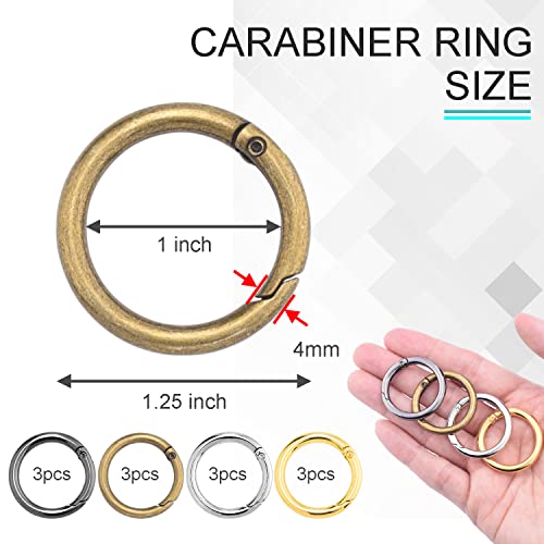Image of 12Pack 1 Inch Spring O Ring Clip Keychain, 4 Colors Round Carabiner Clip Keyrings Snap Hook Buckle for Purse Shoulder Bag Chain Ring Clip Replacement Paracord Keychain Lanyard Leather Repair Hardware