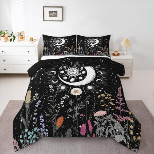 Image of Feelyou Sun and Moon Decor Bedding Set Twin Size Girl Bohemian Comforter Sets Kids Boys Boho Exotic Style Black and White Cute Galaxy Stars Comforter Botanical Floral Plant Quilt Set with 1 Pillowcase
