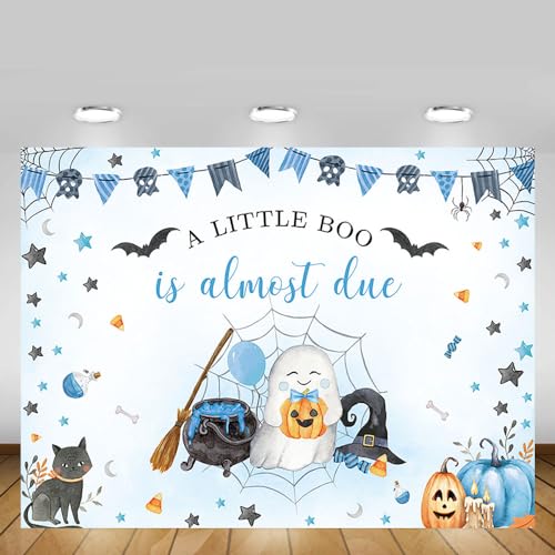MEHOFOND Halloween Baby Shower Backdrop for Boy A Little Boo is Almost Due Blue Background Decorations Cute Ghost Halloween Boo Newborn Baby Party Photo Booth Props 7x5ft