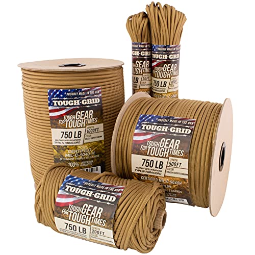 TOUGH-GRID 750lb Grizzly (Coyote) Brown Paracord/Parachute Cord - Genuine Mil Spec Type IV 750lb Paracord Used by The US Military (MIl-C-5040-H) - 100% Nylon - 100Ft - Grizzly Brown